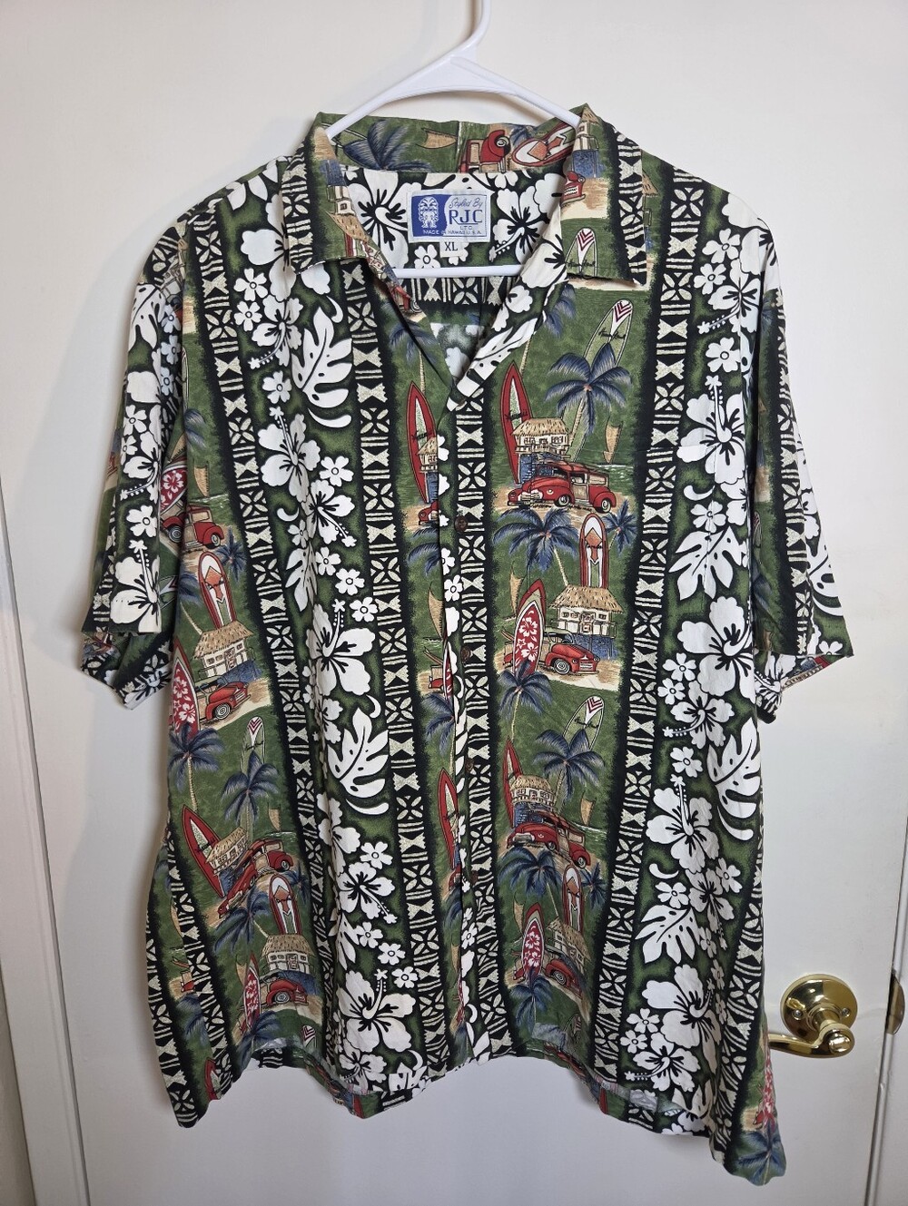 RJC Hawaiian Shirt Mens XL Green Woody Car Surfboard Hibiscus Cotton Made in USA